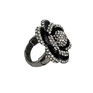 Rhinestone Cocktail Bold Flower Ring Stretch Band Statement Piece Black OS